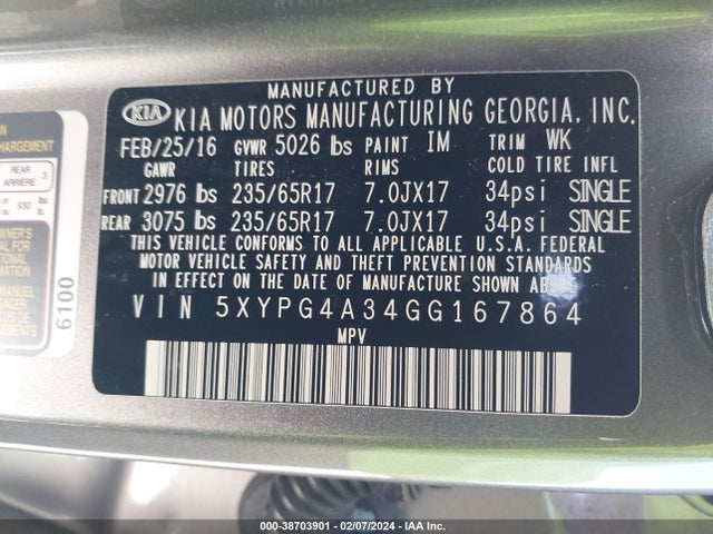 KIA Sorento 2.4l Lx 2016 5XYPG4A34GG167864 Image 9