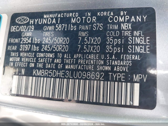 2020 HYUNDAI PALISADE LIMITED VIN: KM8R5DHE3LU098692