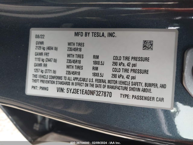 Tesla Model 3 Rear-wheel Drive 2022 5YJ3E1EA0NF327870 Image 9