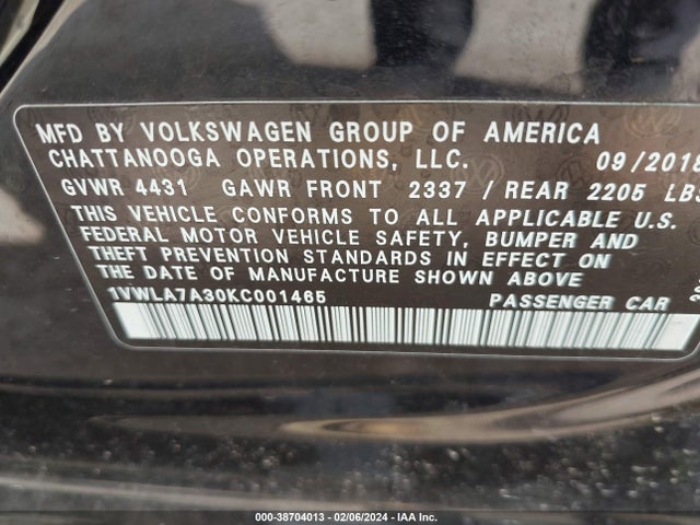 1VWLA7A30KC001465 Volkswagen Passat 2.0t Wolfsburg Edition