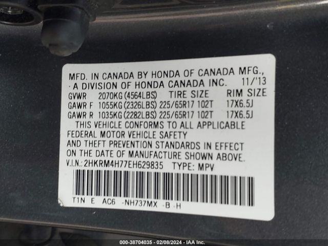 2HKRM4H77EH629835 Honda Cr-v Ex-l