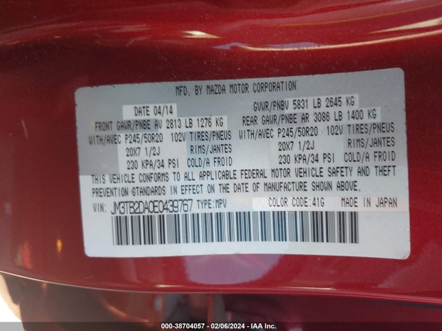 Mazda Cx-9 Grand Touring 2014 JM3TB2DA0E0439767 Image 9