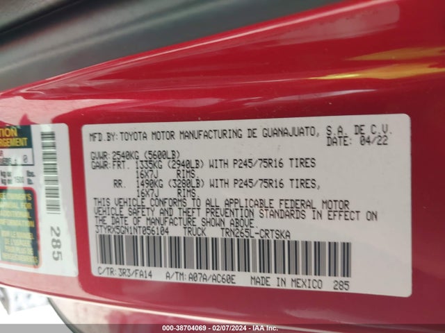 Toyota Tacoma Sr 2022 3TYRX5GN1NT056104 Image 9
