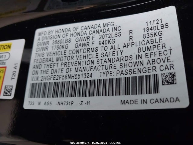 Honda Civic Sport 2022 2HGFE2F58NH551324 Image 9