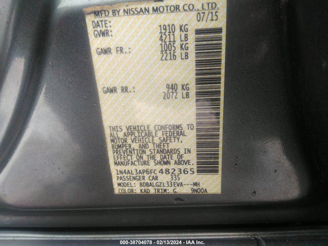 Nissan Altima 2.5 S 2015 1N4AL3AP6FC482365 Image 9