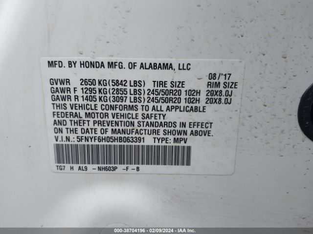 5FNYF6H05HB063391 Honda Pilot Elite