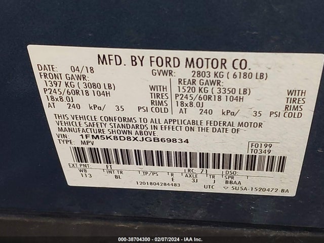 Ford EXPLORER XLT 2018 1FM5K8D8XJGB69834 Image 9