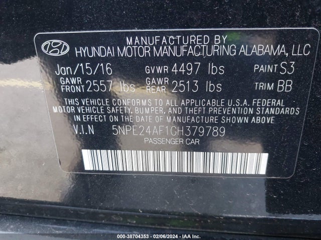 2016 HYUNDAI SONATA SE VIN: 5NPE24AF1GH379789
