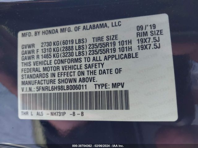 5FNRL6H98LB006011 Honda Odyssey Elite