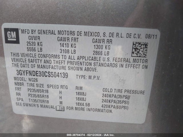 2012 CADILLAC SRX LUXURY COLLECTION VIN: 3GYFNDE30CS504139