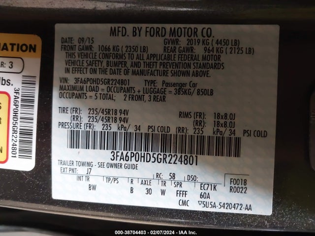 Ford FUSION SE 2016 3FA6P0HD5GR224801 Image 9
