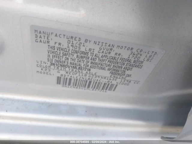 3N1CN8DV1ML857216 Nissan Versa S Xtronic Cvt