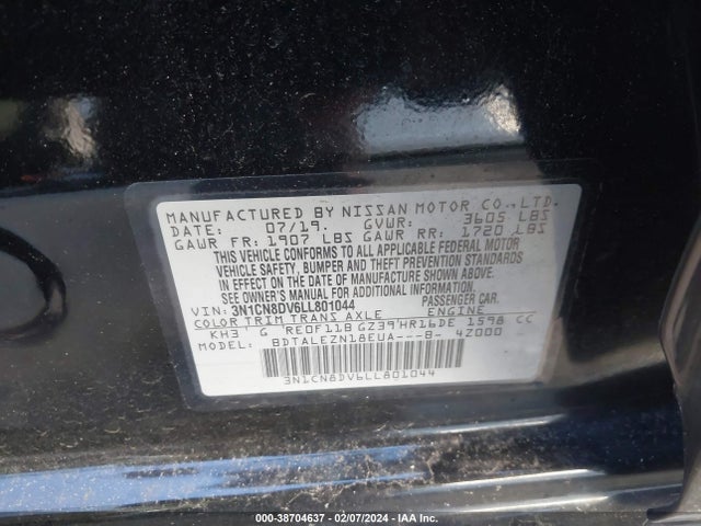 2020 NISSAN VERSA S XTRONIC CVT VIN: 3N1CN8DV6LL801044