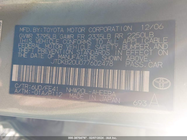 2007 TOYOTA PRIUS VIN: JTDKB20U077602478