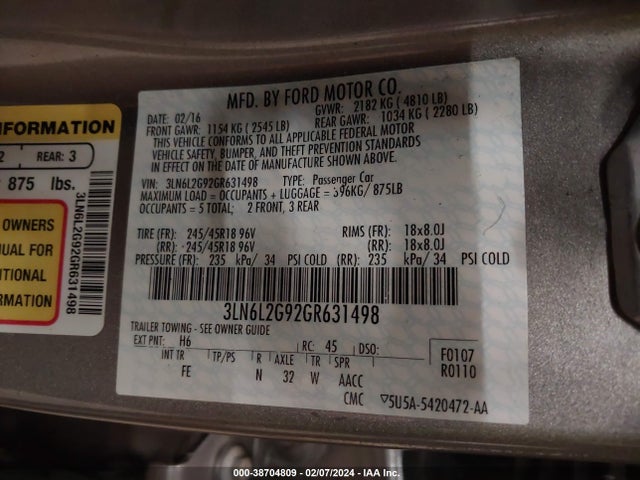 3LN6L2G92GR631498 Lincoln MKZ
