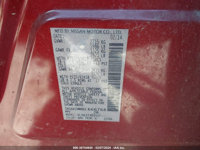 Nissan Pathfinder Platinum/s/sl/sv 2014 5N1AR2MM8EC666768 Image 9