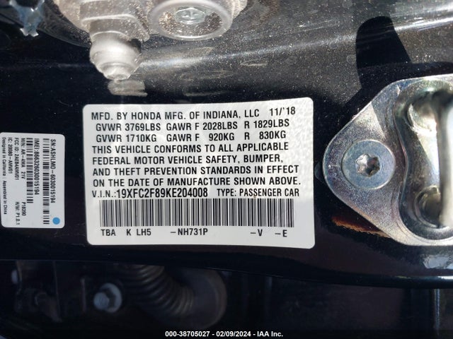 Honda Civic Sport 2019 19XFC2F89KE204008 Image 9