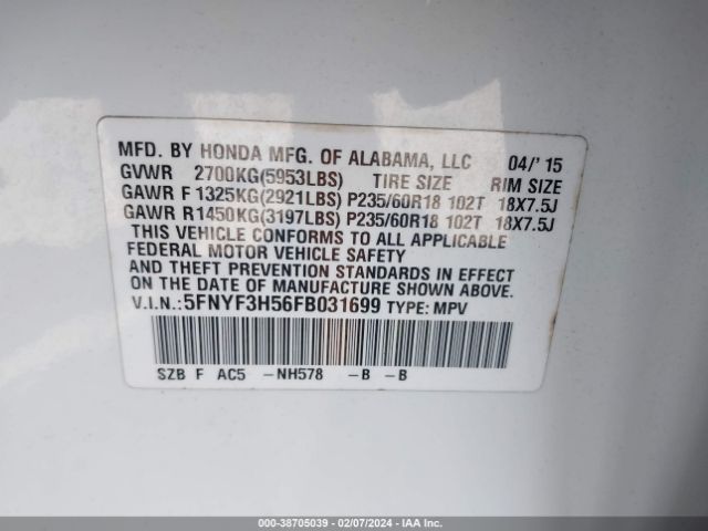 5FNYF3H56FB031699 Honda Pilot Ex-l