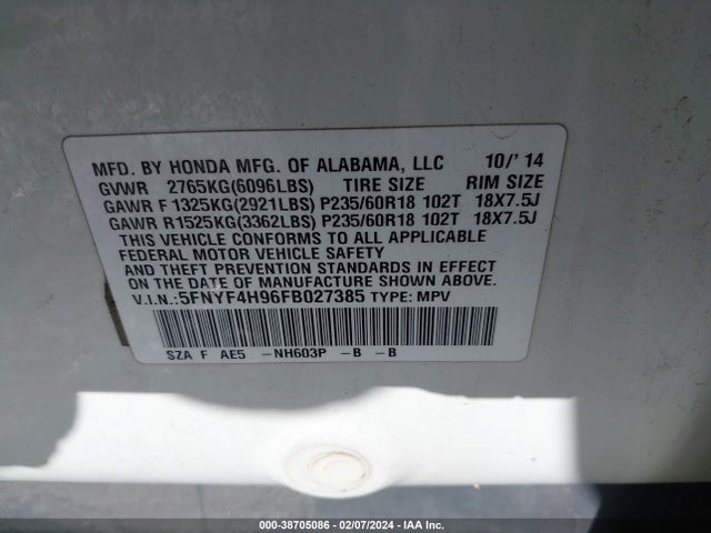 Honda Pilot Touring 2015 5FNYF4H96FB027385 Image 9