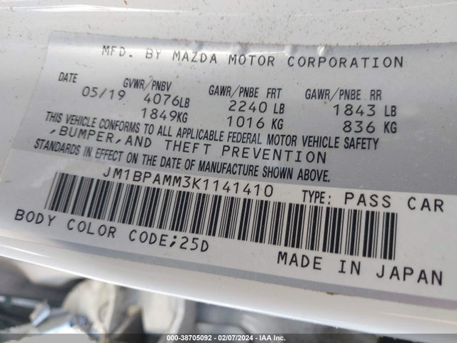 2019 MAZDA MAZDA3 PREFERRED PACKAGE VIN: JM1BPAMM3K1141410