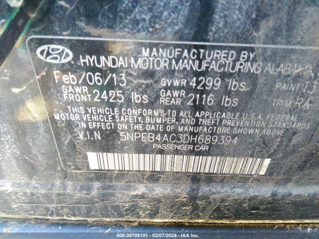 2013 HYUNDAI SONATA GLS VIN: 5NPEB4AC3DH689394