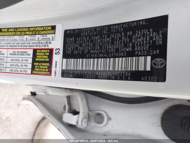 Toyota CAMRY XSE 2020 4T1K61AK4LU314983 Image 9