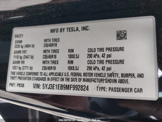 5YJ3E1EB9MF992824 Tesla Model 3 Long Range Dual Motor All-wheel Drive