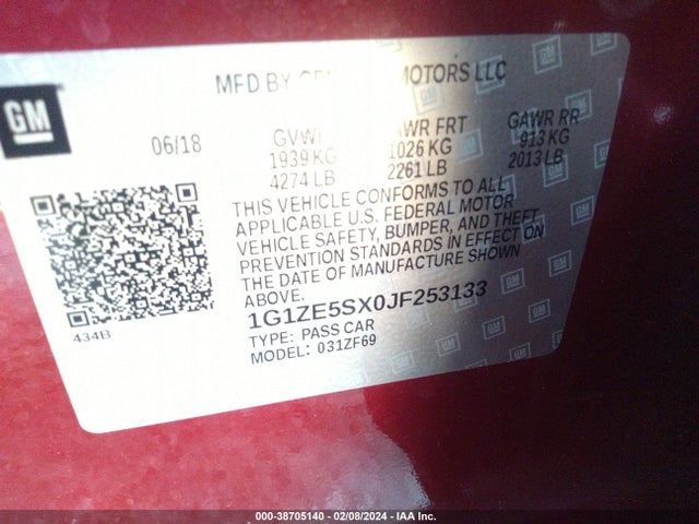 38705140 :رقم المزاد ، 1G1ZE5SX0JF253133 vin ، 2018 Chevrolet Malibu Premier مزاد بيع