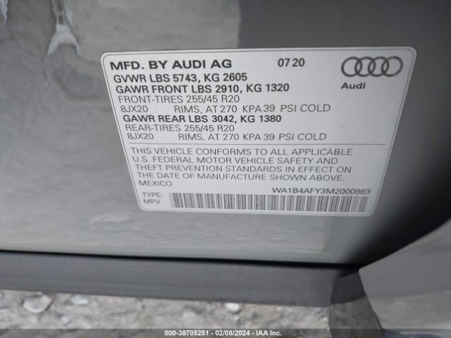 WA1B4AFY3M2000983 Audi Sq5 Premium Plus Tfsi Quattro Tiptronic