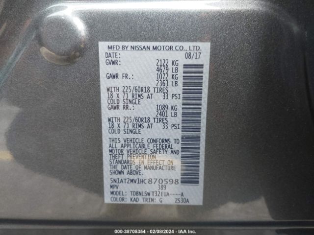 5N1AT2MV1HC870598 Nissan Rogue Sl