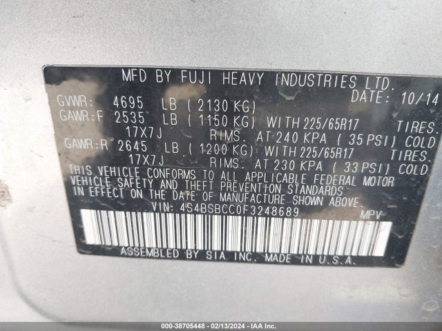 Subaru Outback 2.5i Premium 2015 4S4BSBCC0F3248689 Image 9