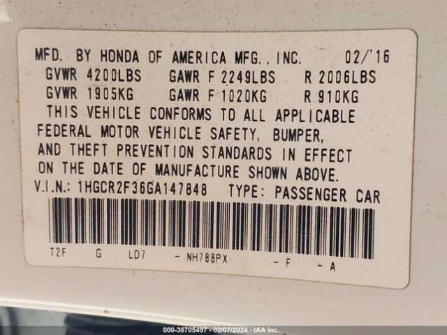 1HGCR2F36GA147848 Honda ACCORD LX
