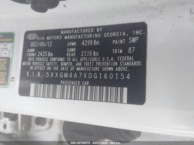 Auction sale of the 2013 Kia Optima Lx, vin: 5XXGM4A7XDG160154, lot number: 38705579
