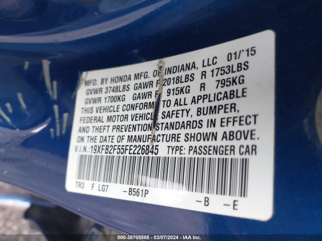 Honda Civic Lx 2015 19XFB2F55FE226845 Image 9