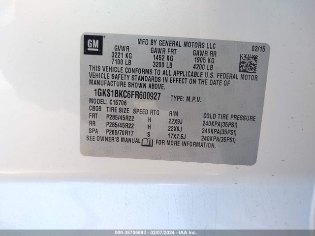 GMC YUKON SLT 2015 1GKS1BKC6FR600927 Image 9