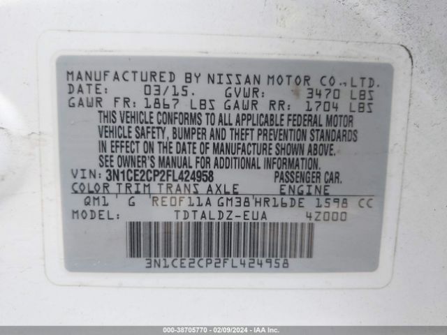 3N1CE2CP2FL424958 Nissan Versa Note S (sr)/s Plus/sl/sr/sv