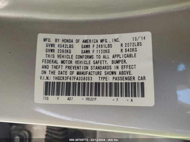 Honda Accord Ex-l V-6 2015 1HGCR3F87FA008053 Image 9