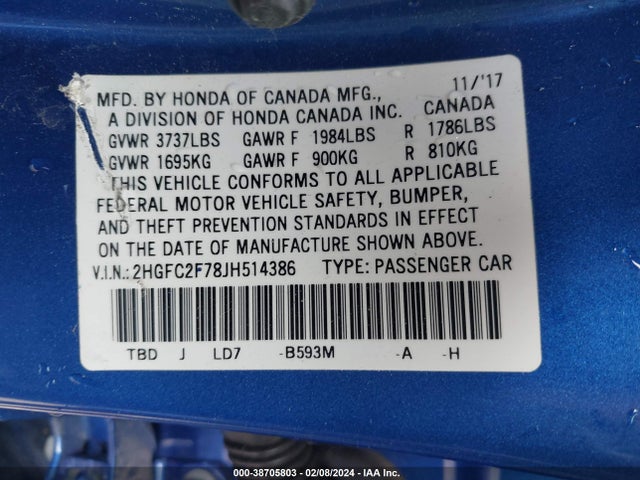 Honda CIVIC EX 2018 2HGFC2F78JH514386 Image 9