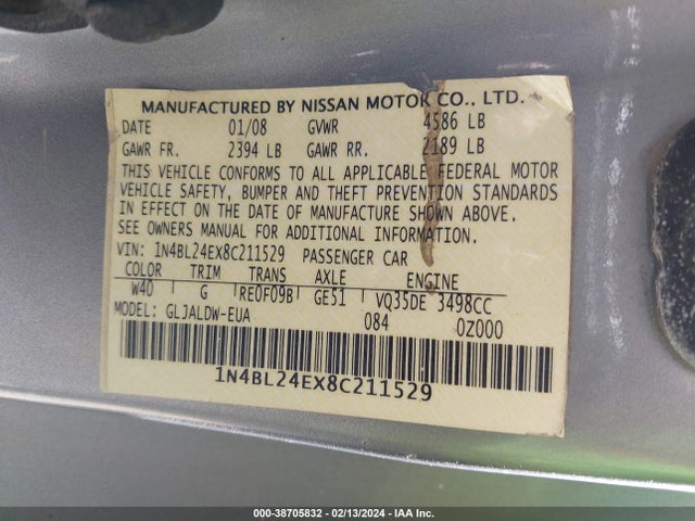 2008 NISSAN ALTIMA 3.5 SE VIN: 1N4BL24EX8C211529