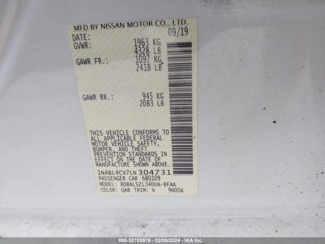 Продажа на аукционе авто 2020 Nissan Altima Sr Fwd, vin: 1N4BL4CV7LN304731, номер лота: 38705978