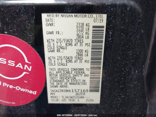 Nissan Murano Platinum 2019 5N1AZ2MJ8KN157169 Image 9