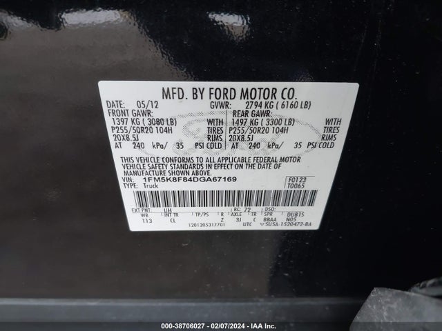 2013 FORD EXPLORER LIMITED VIN: 1FM5K8F84DGA67169