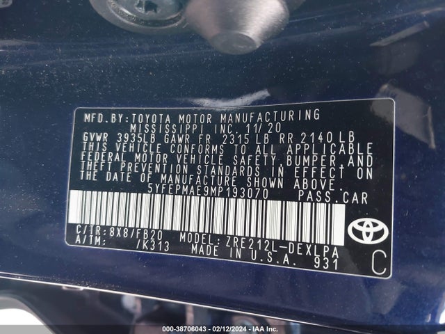 Toyota COROLLA LE 2021 5YFEPMAE9MP193070 Image 9