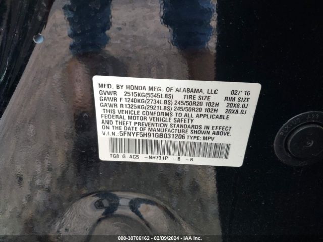 5FNYF5H91GB031206 Honda Pilot Touring