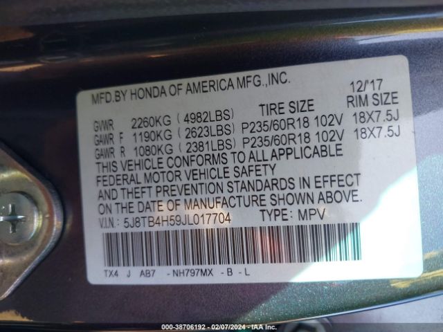 5J8TB4H59JL017704 Acura Rdx Technology Pkg/w/technology/acurawatch Plus Pkg