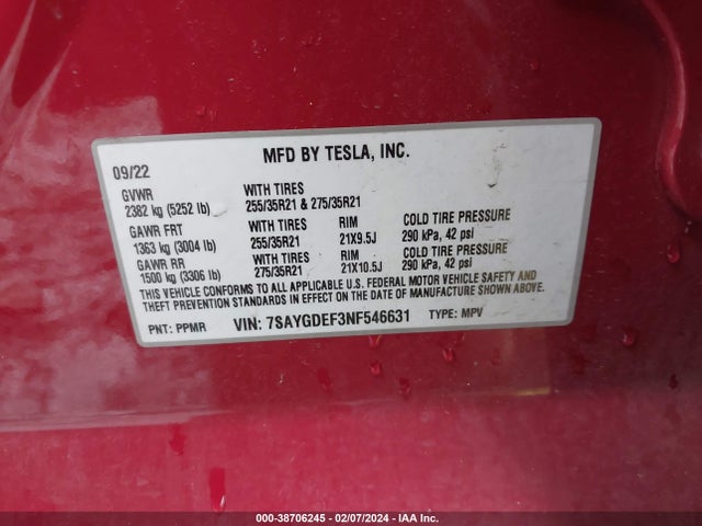 7SAYGDEF3NF546631 Tesla Model Y Performance Dual Motor All-wheel Drive
