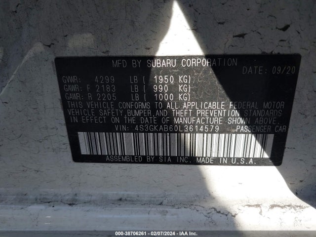 Subaru IMPREZA SEDAN 2020 4S3GKAB60L3614579 Image 9