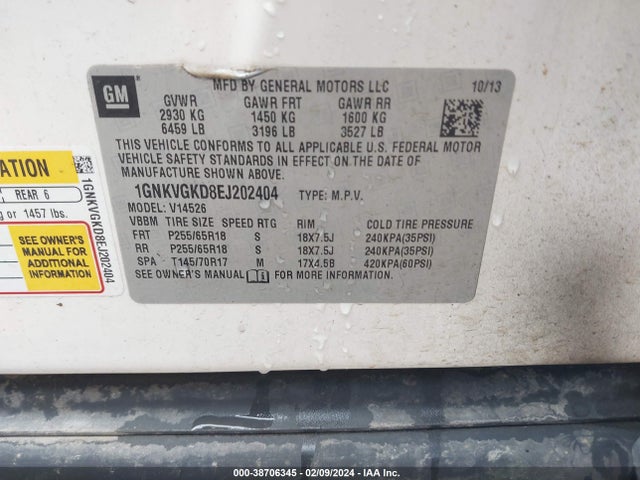 Chevrolet Traverse 1lt 2014 1GNKVGKD8EJ202404 Image 9