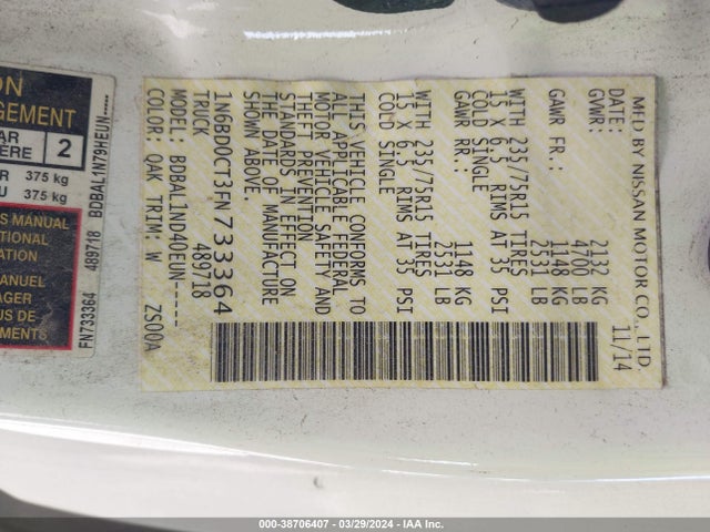 Nissan Frontier S/sv-i4 2015 1N6BD0CT3FN733364 Image 9