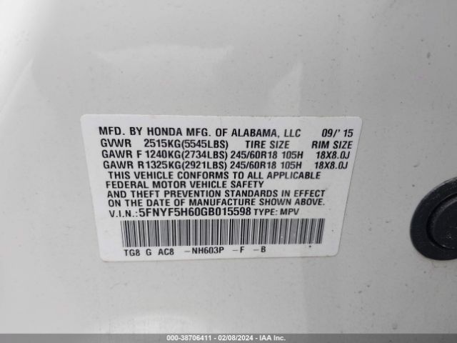 5FNYF5H60GB015598 Honda Pilot Ex-l